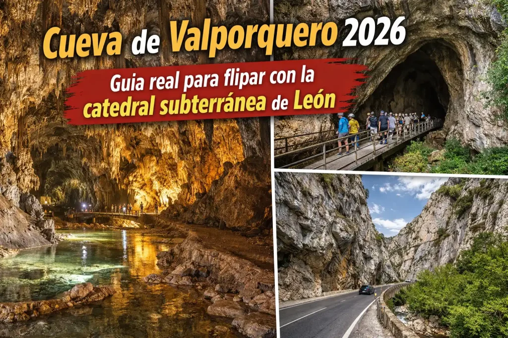 Interior de la Cueva de Valporquero en León con estalactitas y estalagmitas iluminadas, visitantes recorriendo la pasarela y vistas de la entrada y las Hoces de Vegacervera; guía 2026 para explorar la catedral subterránea de León.