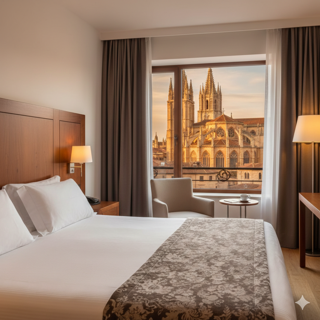 Habitación de hotel con vistas espectaculares a la Catedral de León al amanecer.