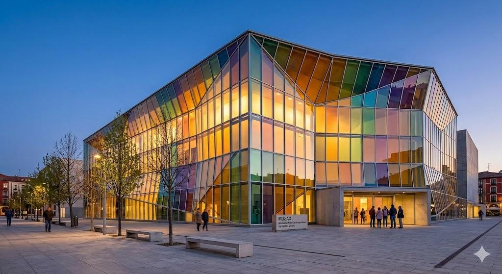 Fachada de cristales de colores del Museo MUSAC León al atardecer.