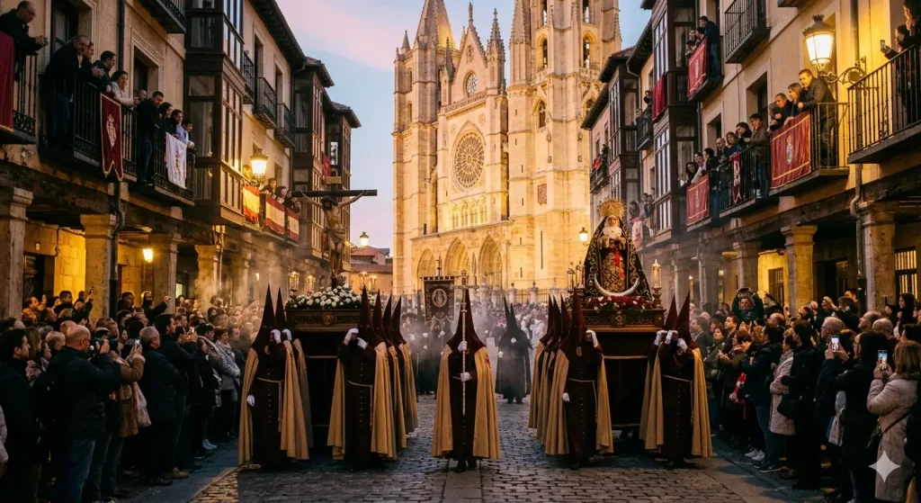 Procesión de Semana Santa en León 2026, papón caminando por calle empedrada del casco antiguo.