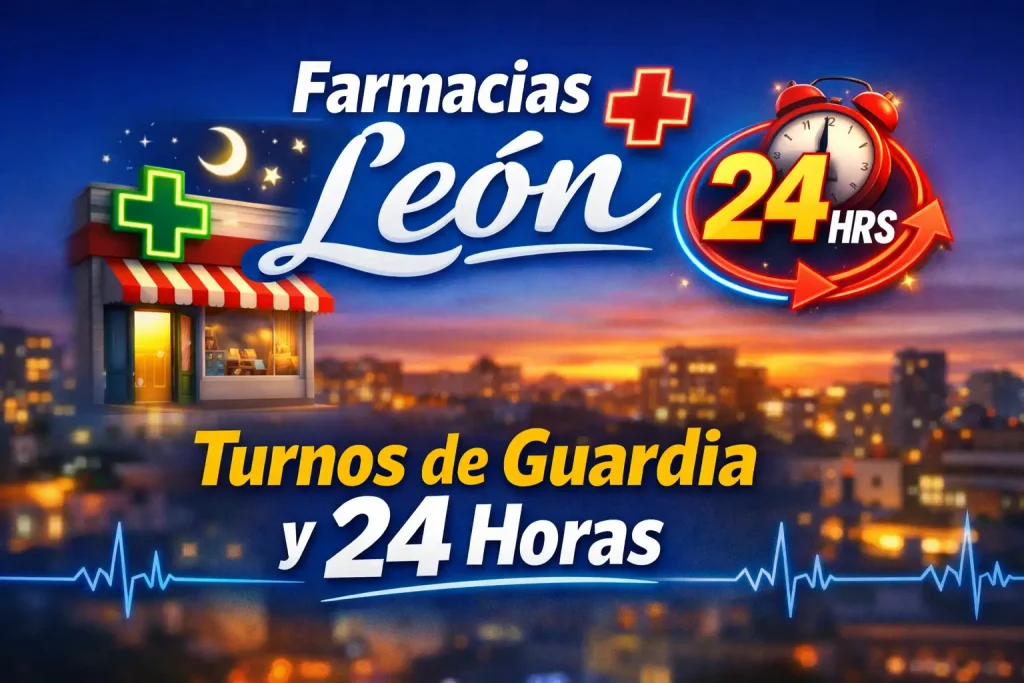 Imagen destacada de farmacias de guardia y 24 horas abiertas en León hoy con horarios actualizados.