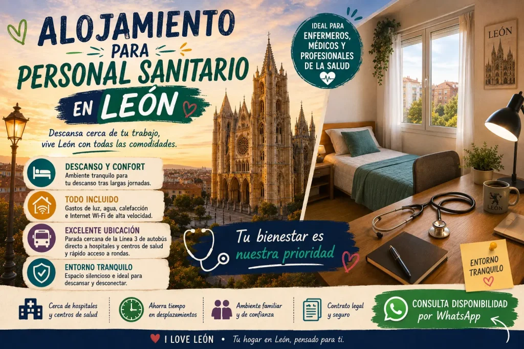 Alojamiento para personal sanitario en León con habitación confortable, ambiente tranquilo y buena conexión con hospitales y centros de salud.