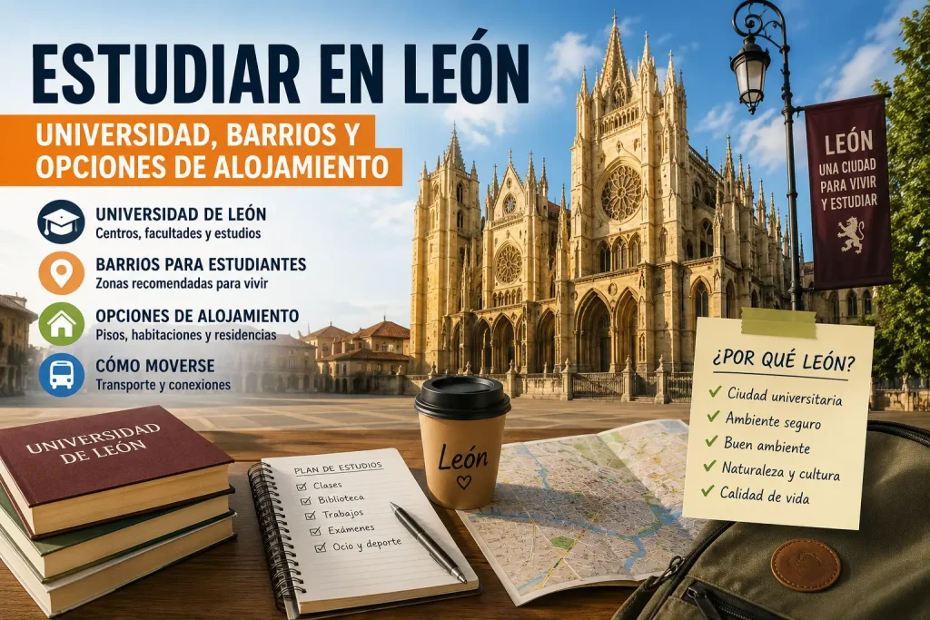 Estudiantes en León frente a la Catedral con información sobre universidad, barrios y alojamiento