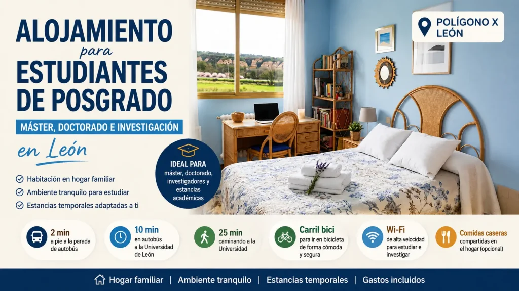 Habitación para estudiantes de máster, doctorado e investigadores en León con cama, escritorio y zona de estudio